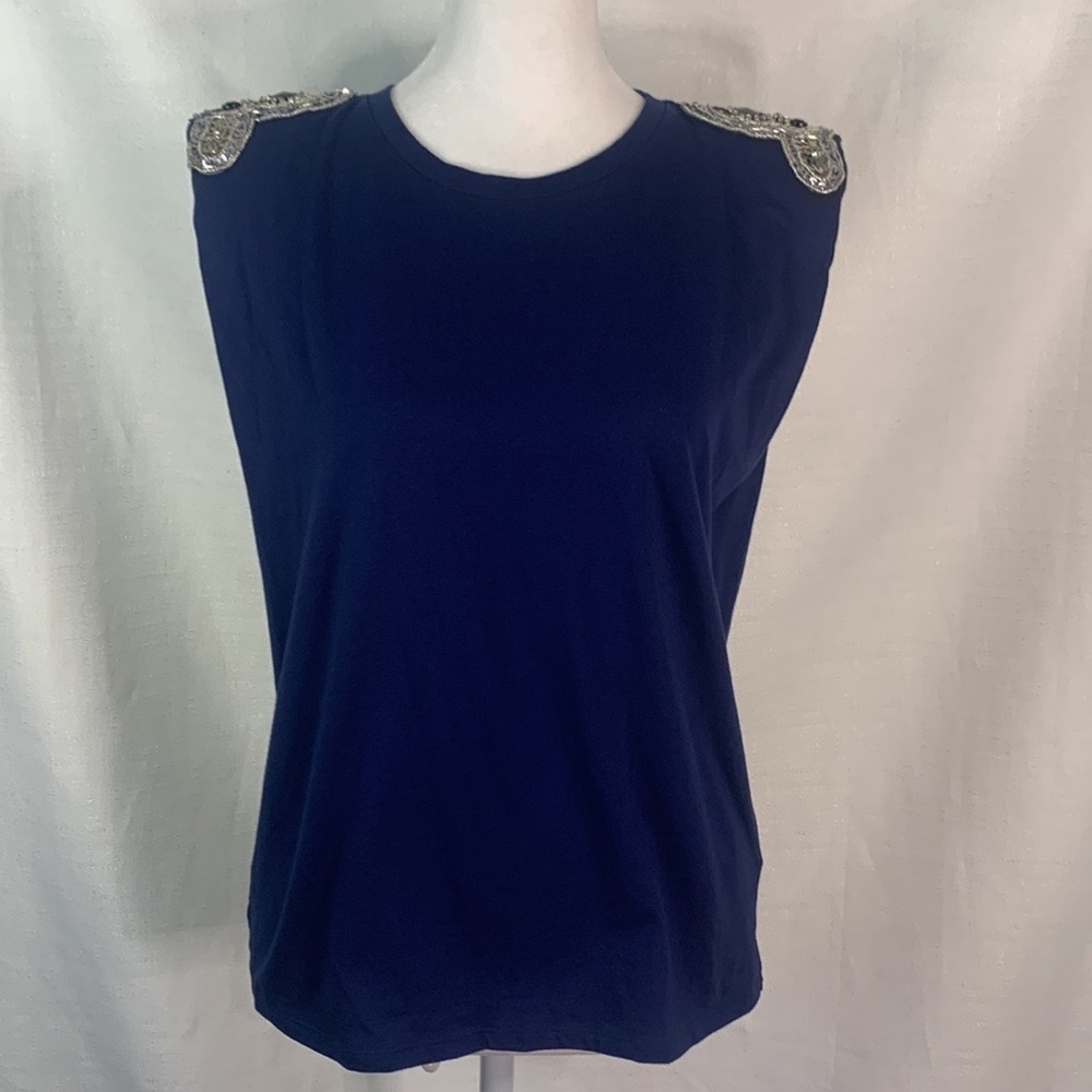 Express Navy Embellished Padded Shoulder Crew Neck Tee